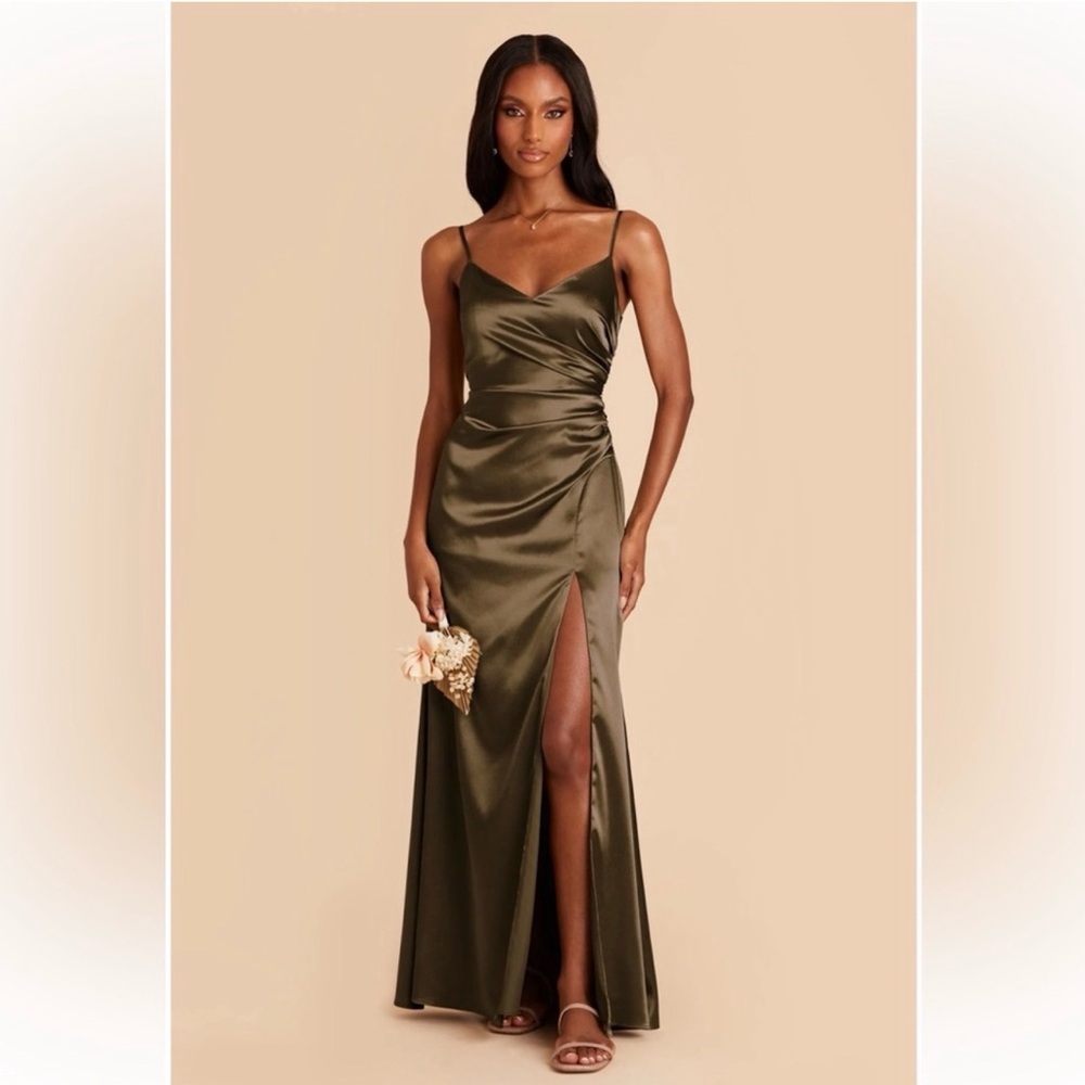 Birdy Grey Catherine Shiny Satin Bridesmaids Gown Moss Green V neck‎ slit S